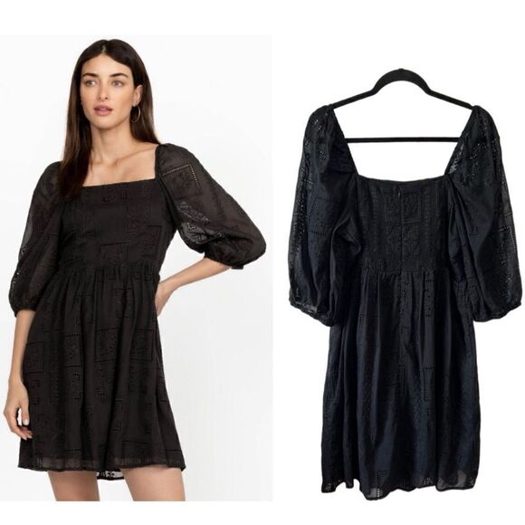 NWT- JOHNNY WAS- ELLA SILK COTTON MINI DRESS BLACK EYELET PUFF SLEEVES, Size XL - Picture 1 of 16